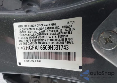 2009 Honda Civic Lx z USA, uszkodzony, nr VIN 2HGFA16509H531743